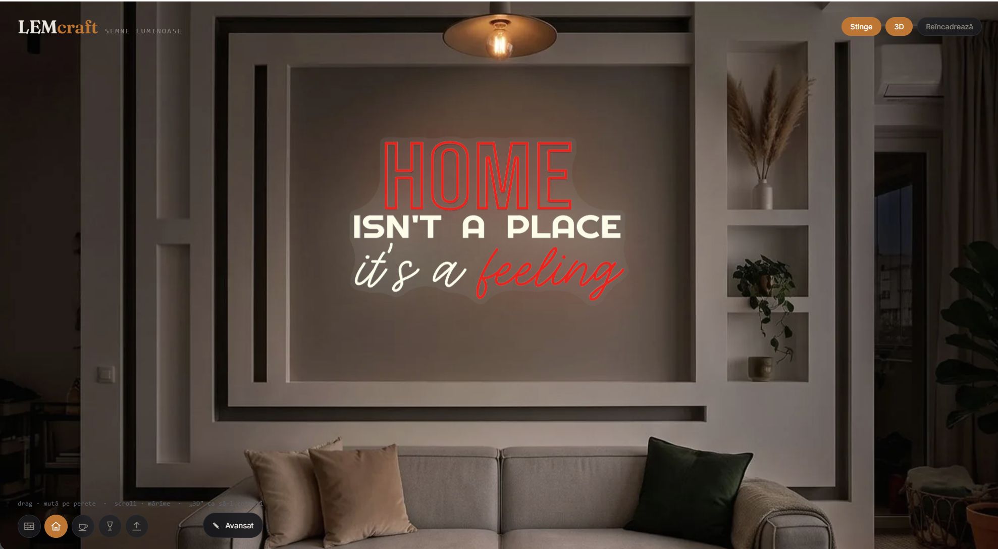 Ecranul simulatorului, cu semnul „Home isn't a place, it's a feeling” aşezat pe peretele unui living