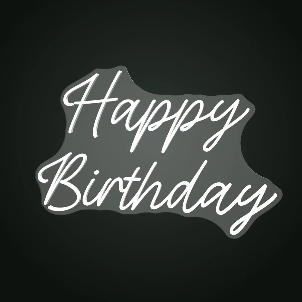 Semn luminos Happy Birthday, pe două rânduri, în configuratorul 3D