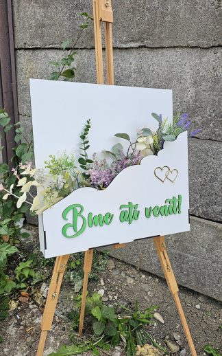 Panou intampinare invitati cu suport pentru aranjamente florale – model 5