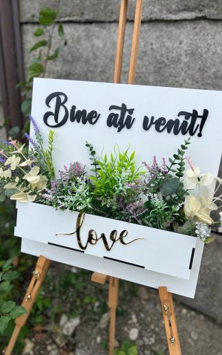 Panou intampinare invitati cu suport pentru aranjamente florale – model 6